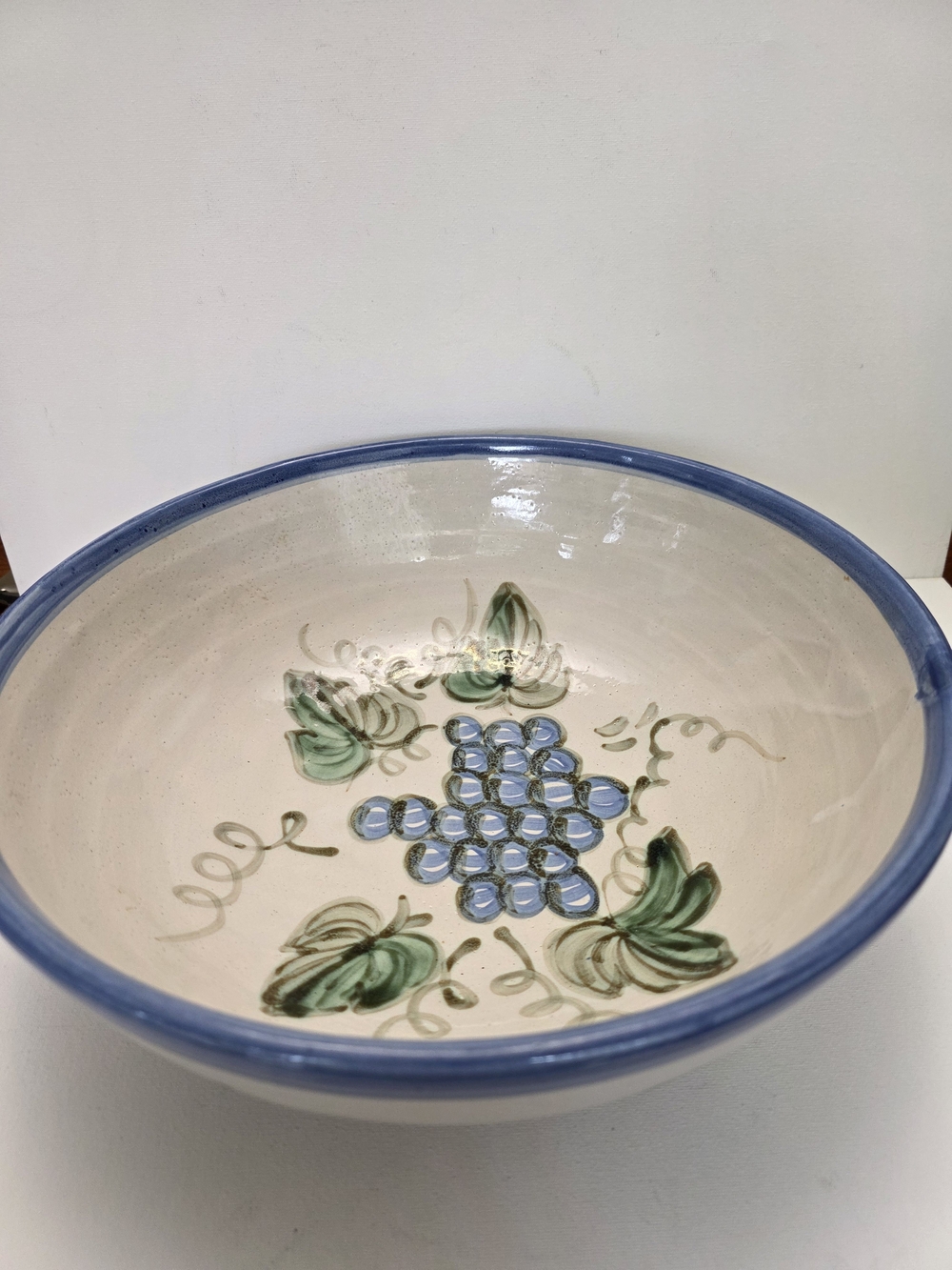 Vintage USA Hand-Painted Ceramic Serving Bowl in Blue and Cream with Grape Motif